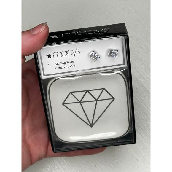 Macy’s Sterling Silver Emerald Cut CZ Stud Earrings NWT - Picture 2 of 4